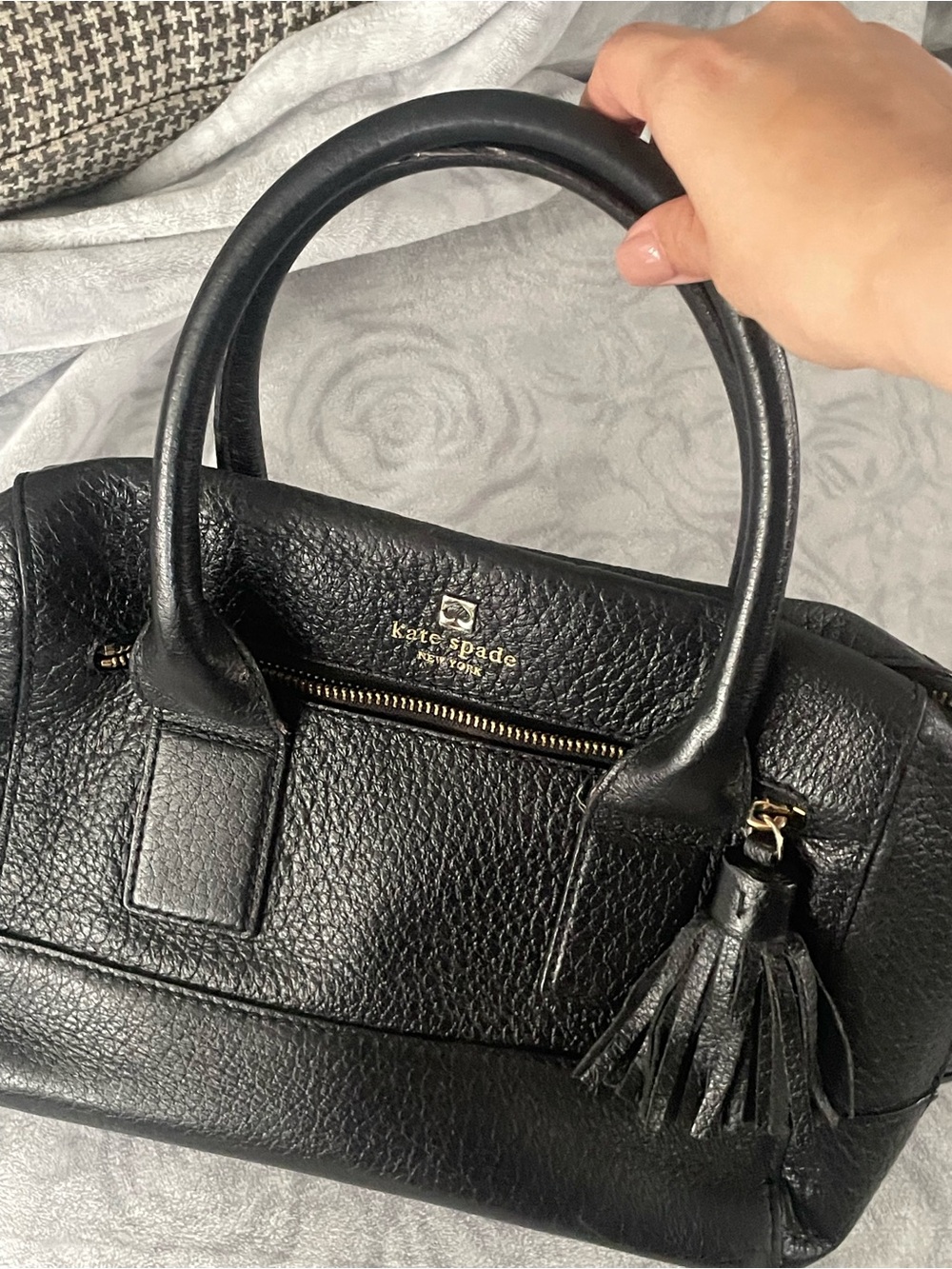 kate spade Black Pebbled Leather Satchel with Tassel Accent